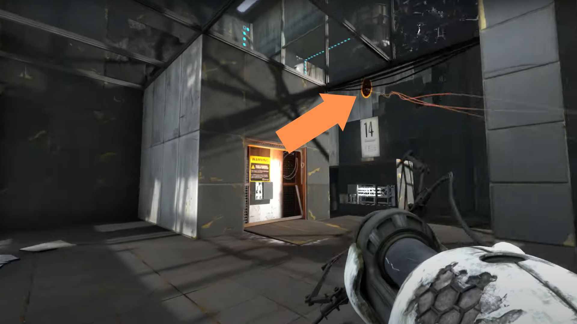 A screenshot showing an orange portal on top of the Chamber 14 logo. 