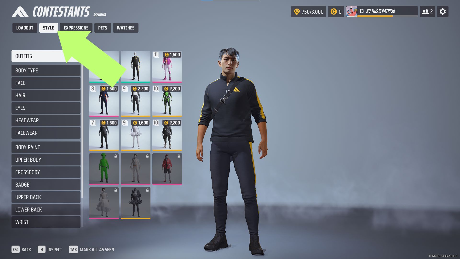 A screenshot of the Style tab in the Contestants menu. 