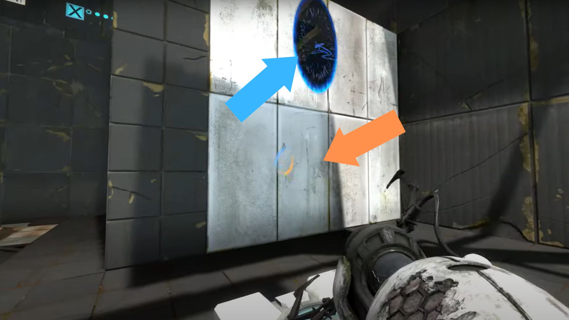 A screenshot of a blue portal on the white wall in Chamber 14. 