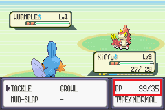An image of a Mudkip with infinite PP battling a Wurmple.