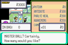 An image of the player purchasing Master Balls at Poké Mart.