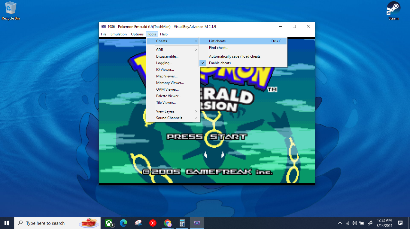An image of the Visual Boy Emulator's cheats menu.