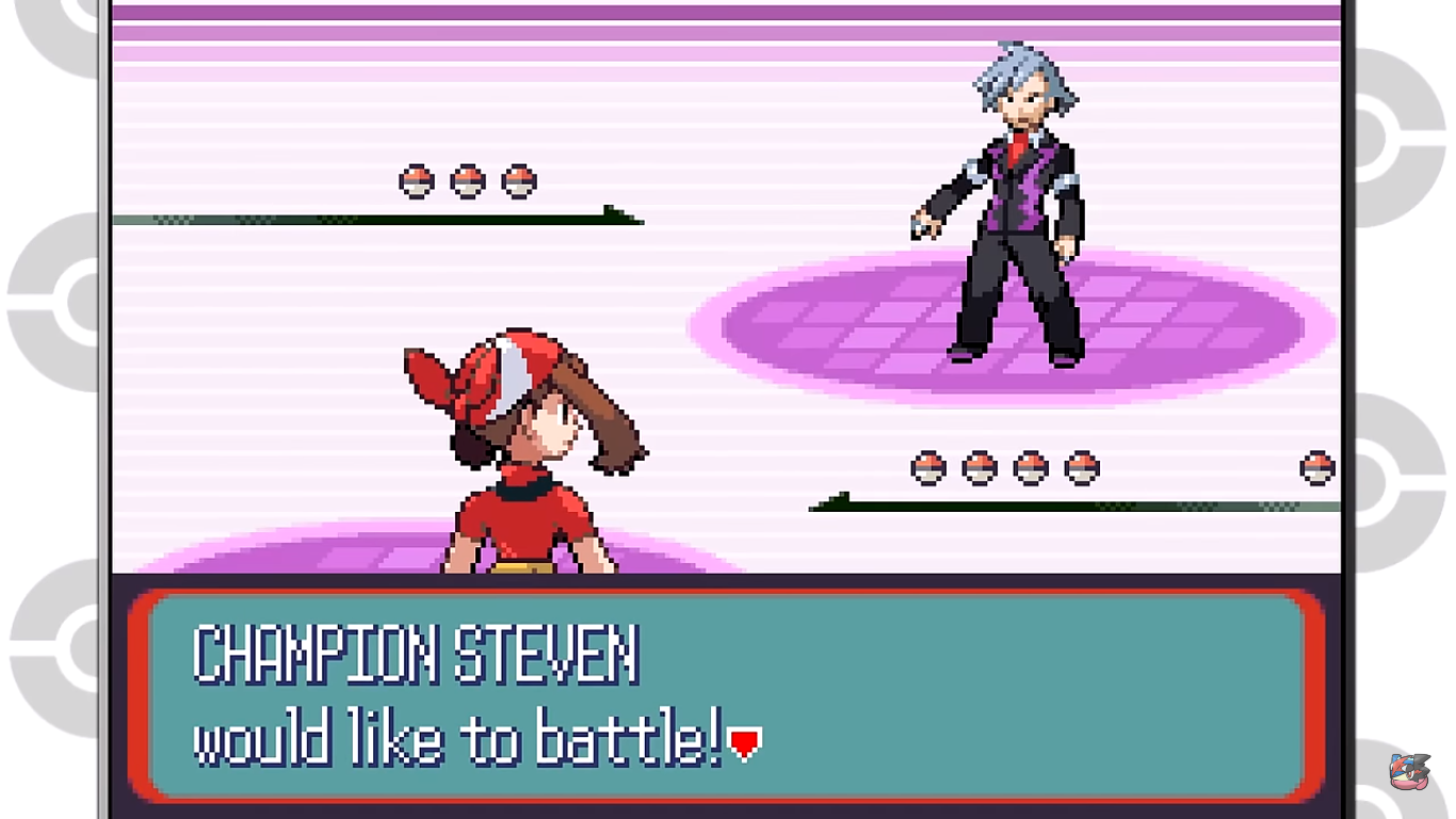 A screenshot of the battle with Champion Steven in Pokemon Sapphire.