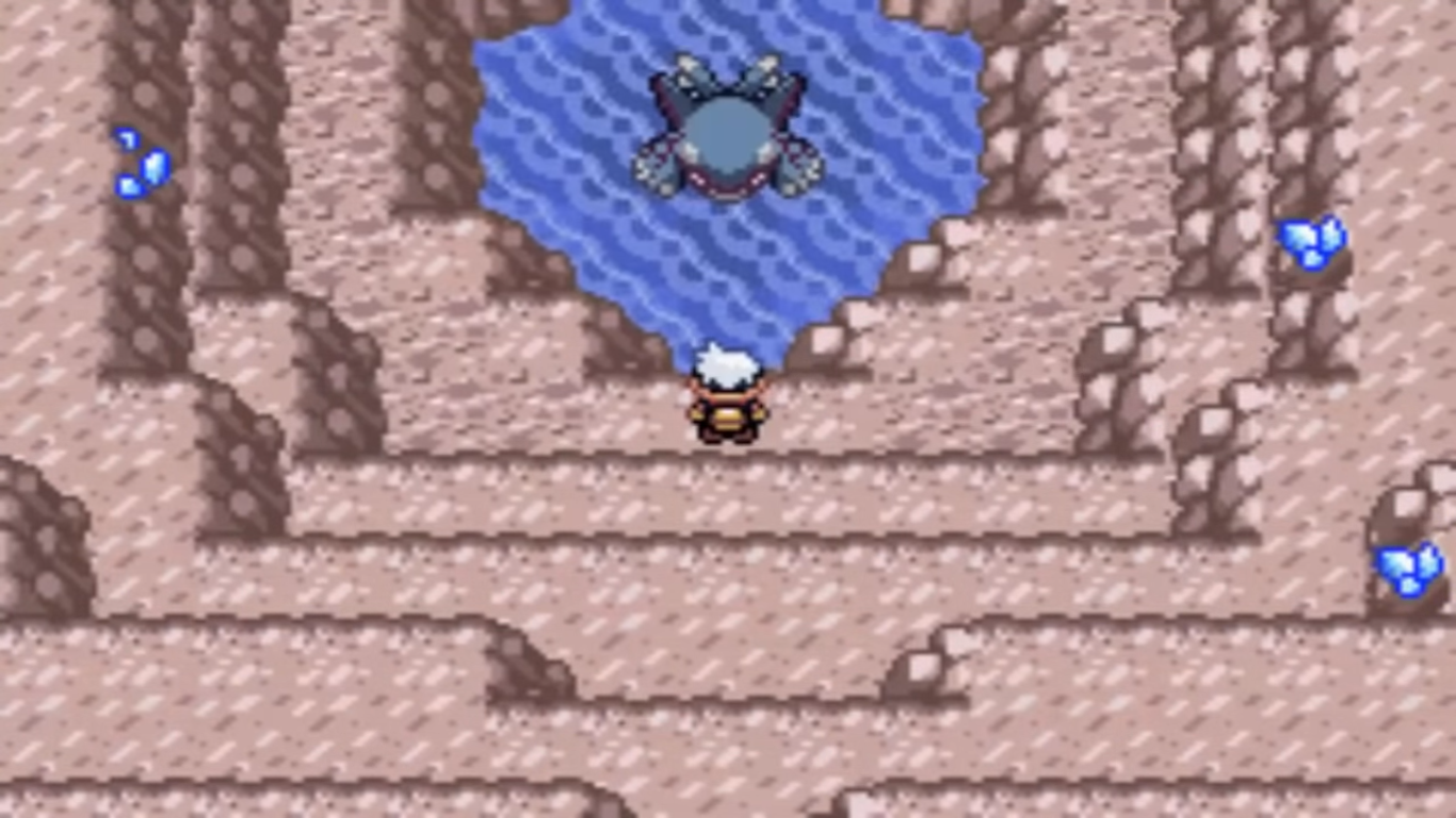 A screenshot of the Legendary Pokémon, Kyogre, in Pokémon Ruby.