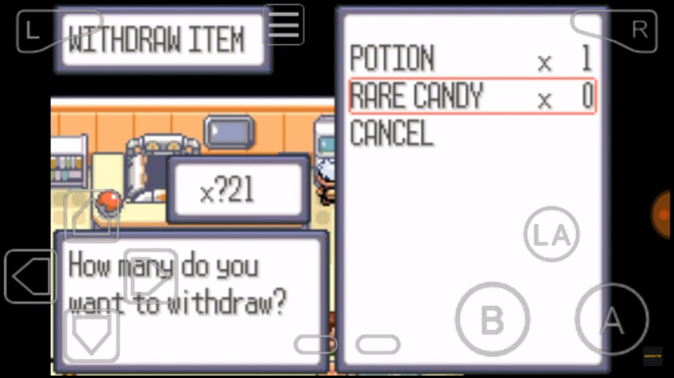 A screenshot of the unlimited rare candy cheat in Pokemon Ruby.
