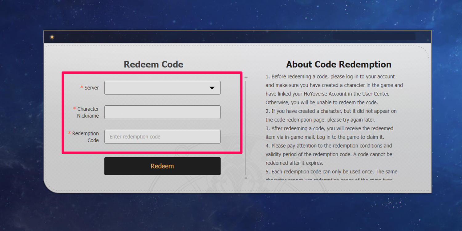 Honkai Star Rail Website Code Redeem